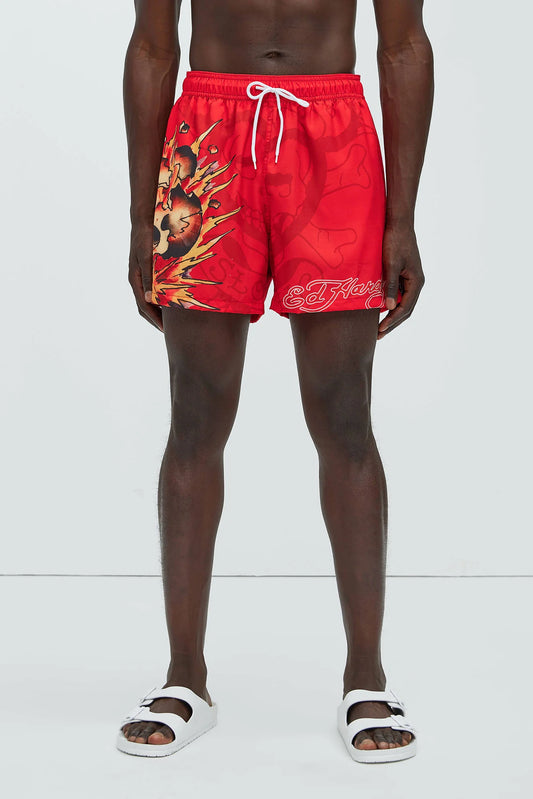Bañador Baggy, rojo con estampado de calavera y llamas.