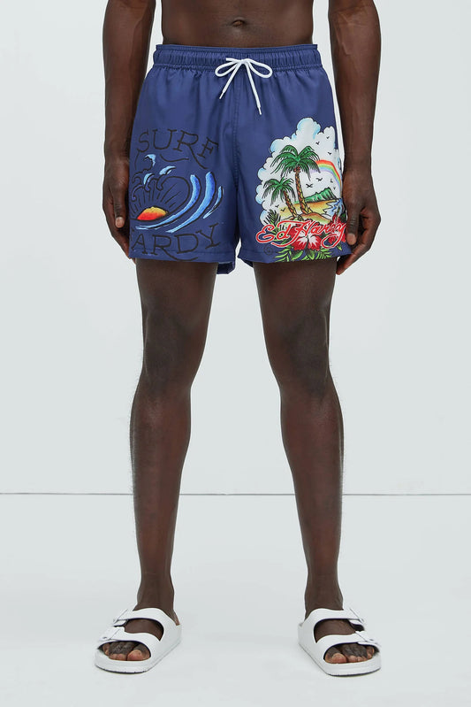 Bañador Baggy, ED HARDY original azul marino con estampado de palmera y arcoíris.
