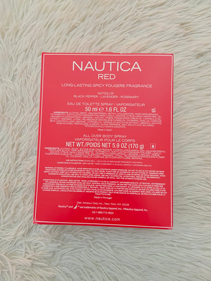 Set NAUTICA RED original, con desodorante y perfume en color rojo y plateado.
