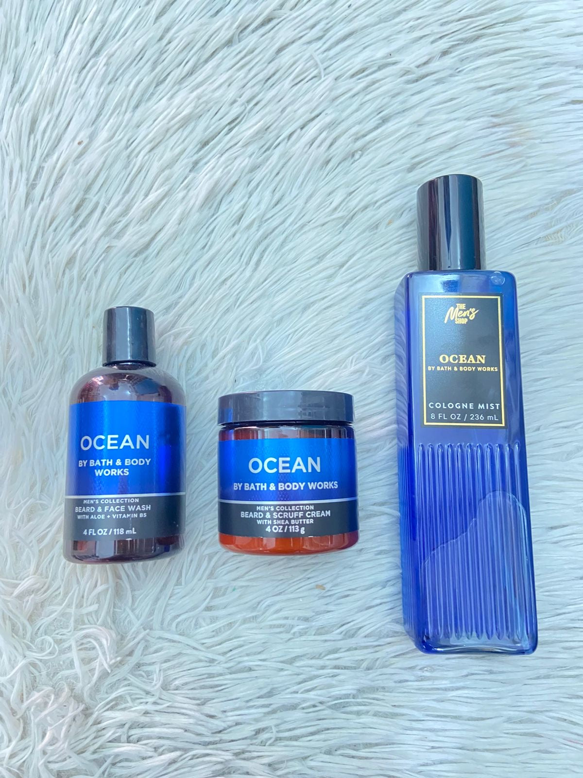 Set Bath & Body Works original, azul marino, OCEAN, con colonia, crema y calmante después del afeitado.