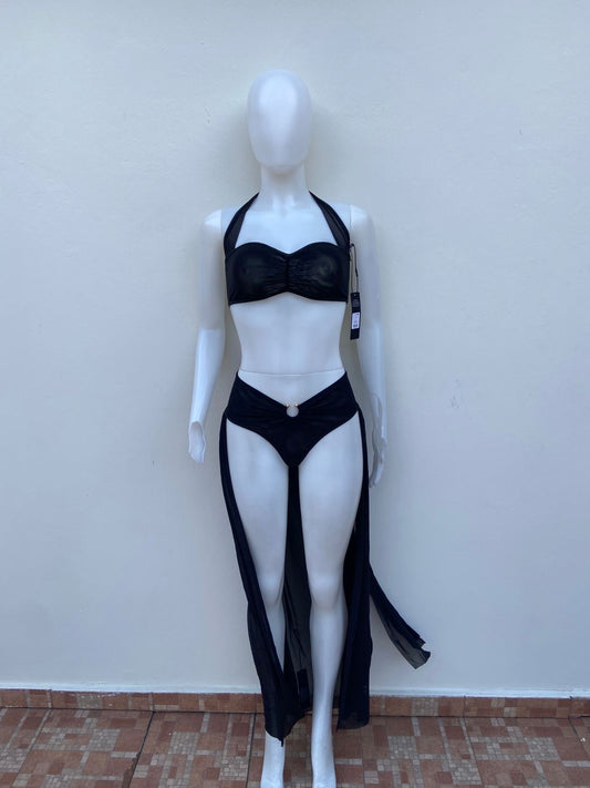 Biquini/ Conjunto de playa-festival, negro transparente con salida de playa integrada, dos piezas.