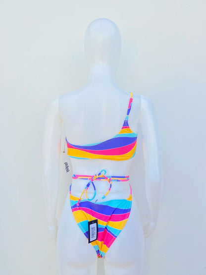 Biquini, de una pieza  FORPLAY original, azul, amarillo y morado con lazos ajustables.