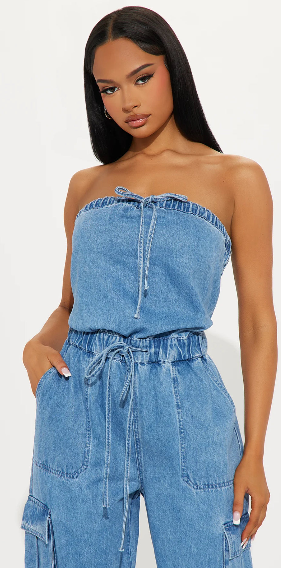 Enterizo/ Jumpsuit, azul claro Jean con lazos ajustables, strapless.