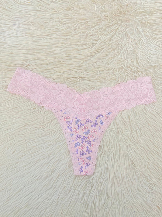 Panti PINK original rosado con estampado de mariposas y encaje, tanga.