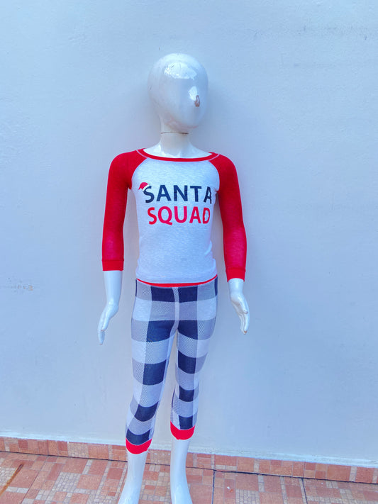 Pijama/Conjunto, Navidad de pantalón de cuadros negro y suéter gris con letras SANTA SQUAD ( escuadrón de papá Noel santa ).