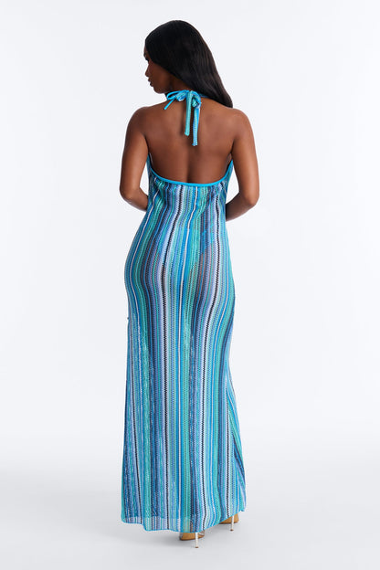 Biquini de 3 piezas en tonos azules lazos ajustables y cover up de vestido.