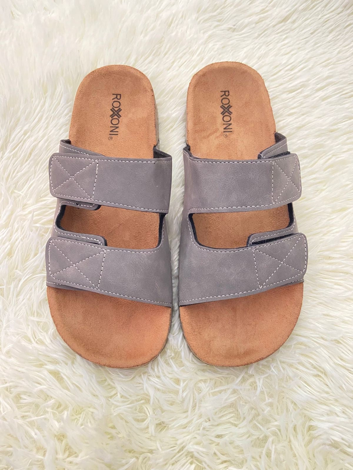 Sandalias ROXONI original, marrón con gris, ajustables, en piel pana. Comodos para caminar