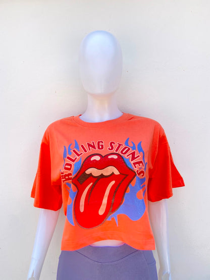 Top The Rolling Stones original,naranja claro con estampado de boca y letras THE ROLLING STONES.