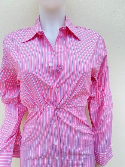 Vestido, rosado con rayas en color blanco, manga larga