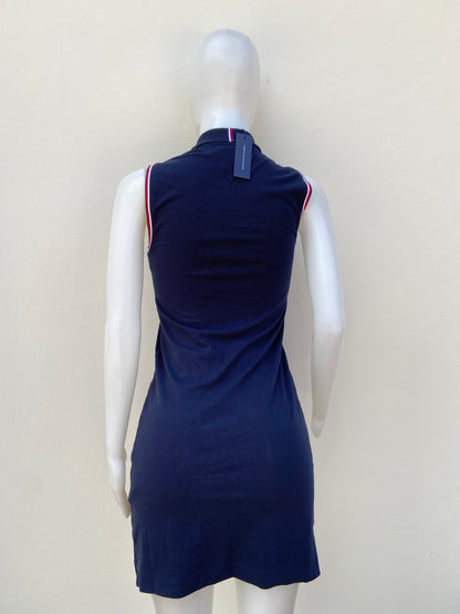 Vestido TOMMY HILFIGER original, azul marino con cuello y líneas rojas en los costados.