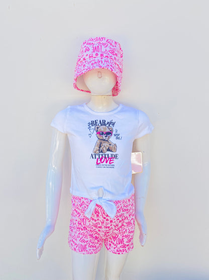 Conjunto CONTACT original, blanco con rosado y estampado de oso más gorro, 3 piezas.
