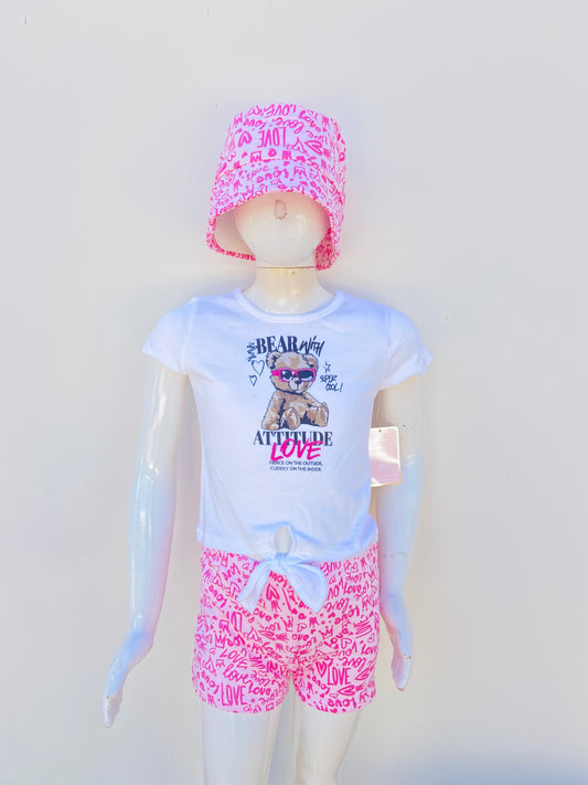 Conjunto CONTACT original, blanco con rosado y estampado de oso más gorro, 3 piezas.