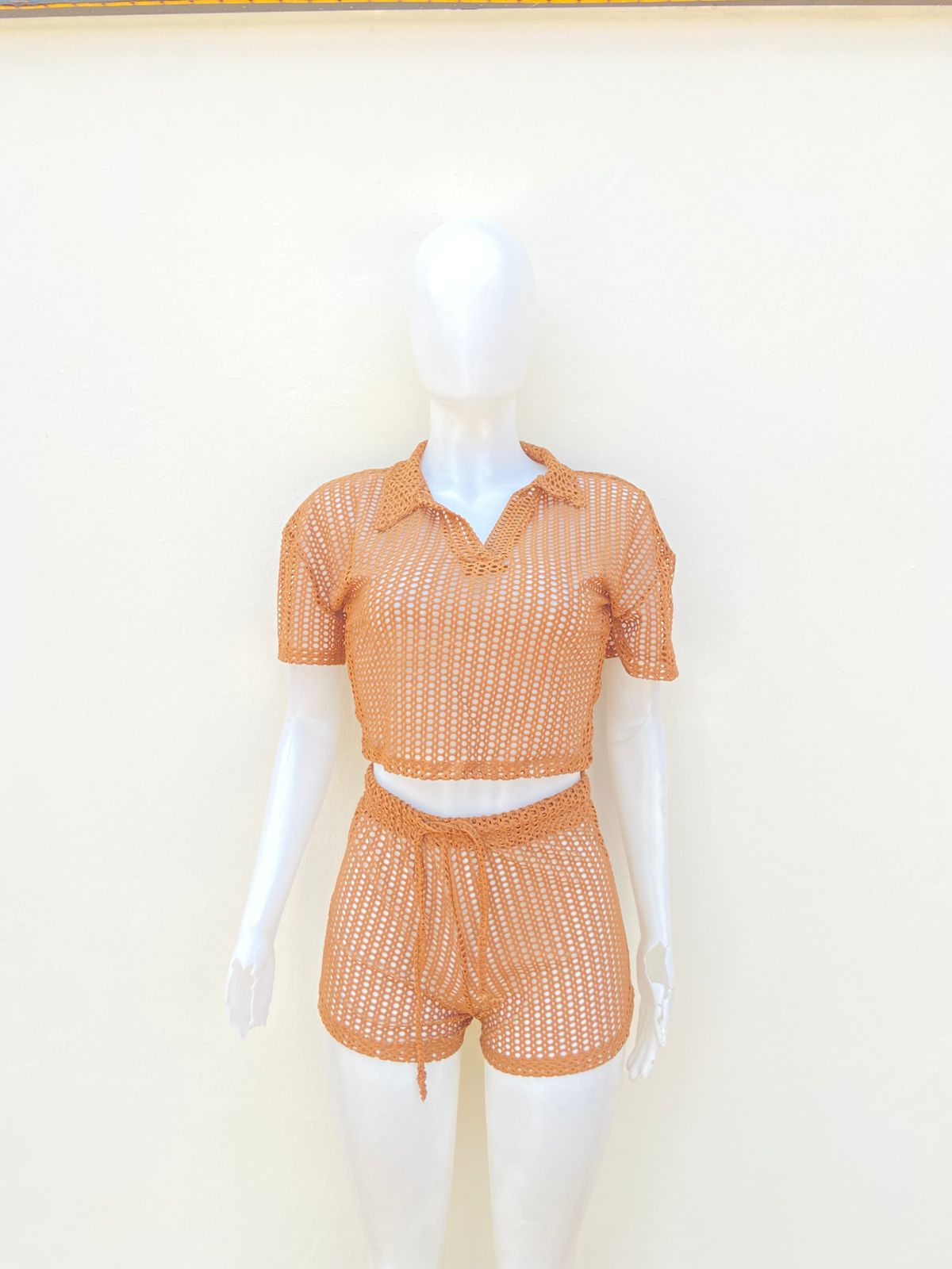 Conjunto, Cover up, marrón ( mocha ), estilo crochet.