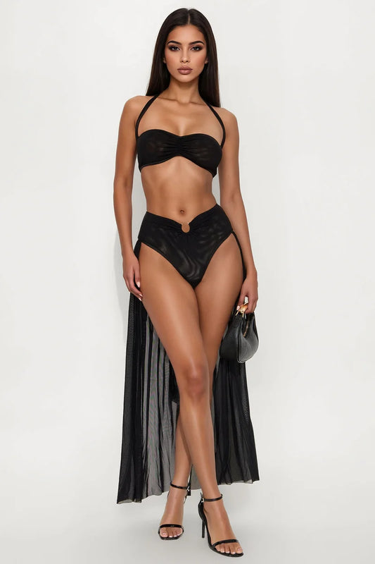 Biquini Conjunto dos piezas de playa festival, negro transparente con salida de playa integrada.