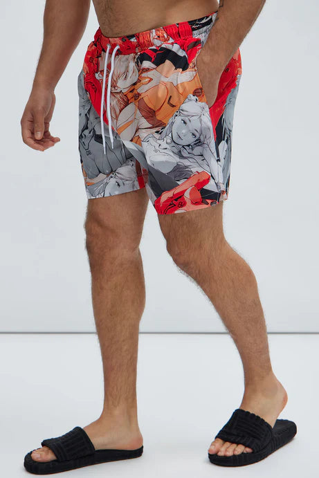 Bañador, rojo con gris y estampado de animes.