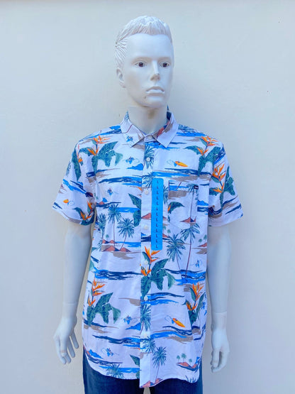 Camisa HURLEY original, blanca con estampado de palmeras, botes y playa, 98% algodón.
