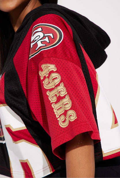 Top NFL original, negro con rojo, blanco y letras SF en blanco, y capucha.
