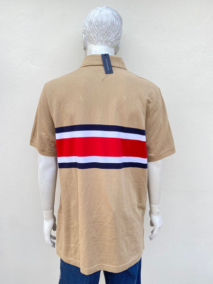 Polocher TOMMY HILFIGER original, marrón con rayas en color rojo, azul marino y blanco.