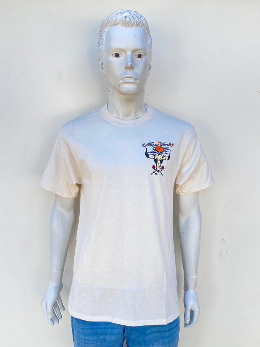 T-shirt, crema con letras NEW YORK y estampado de toro.