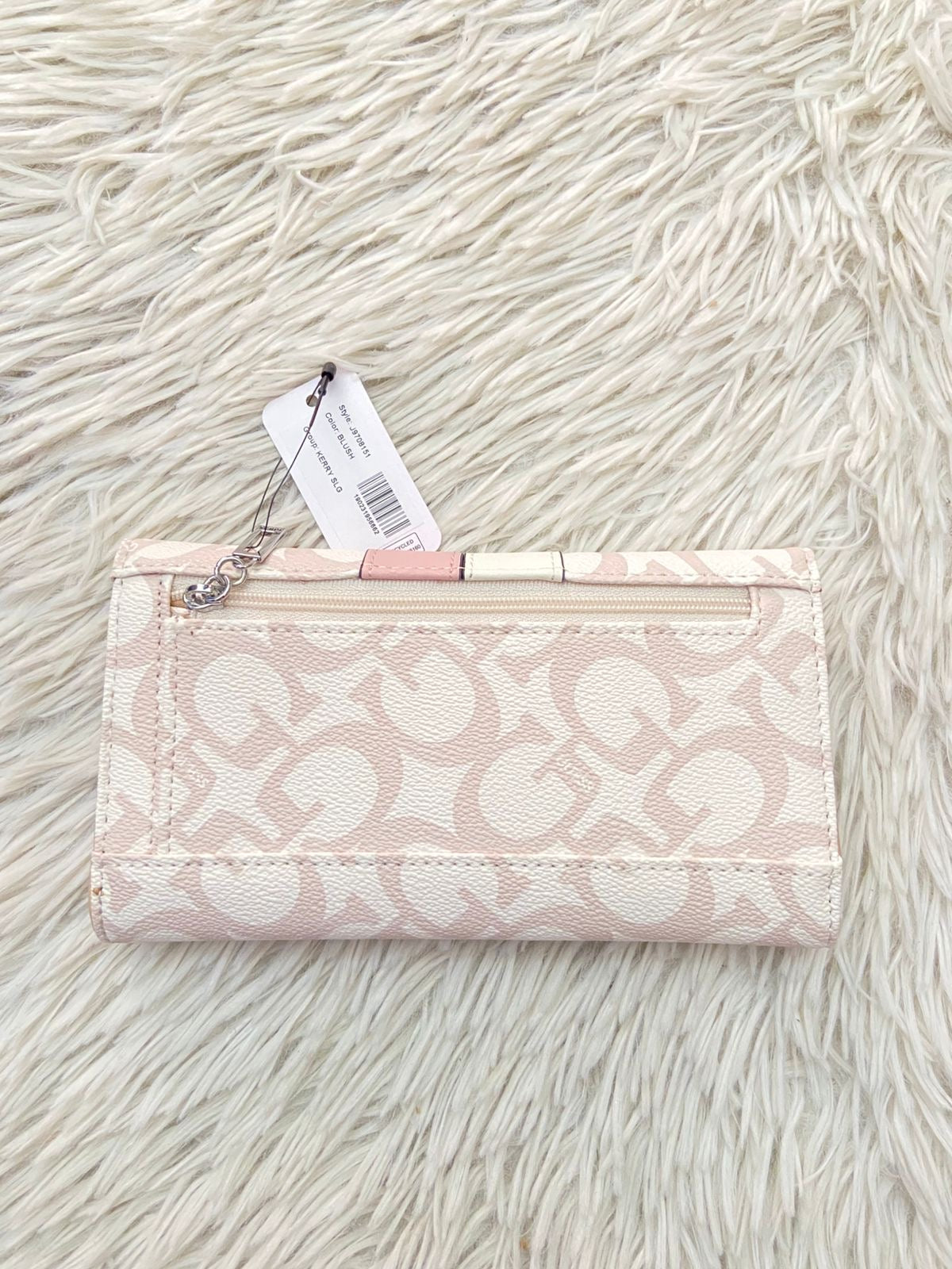 Monedero/ Cartera GUESS original, rosado claro con blanco y letras G de estampado.
