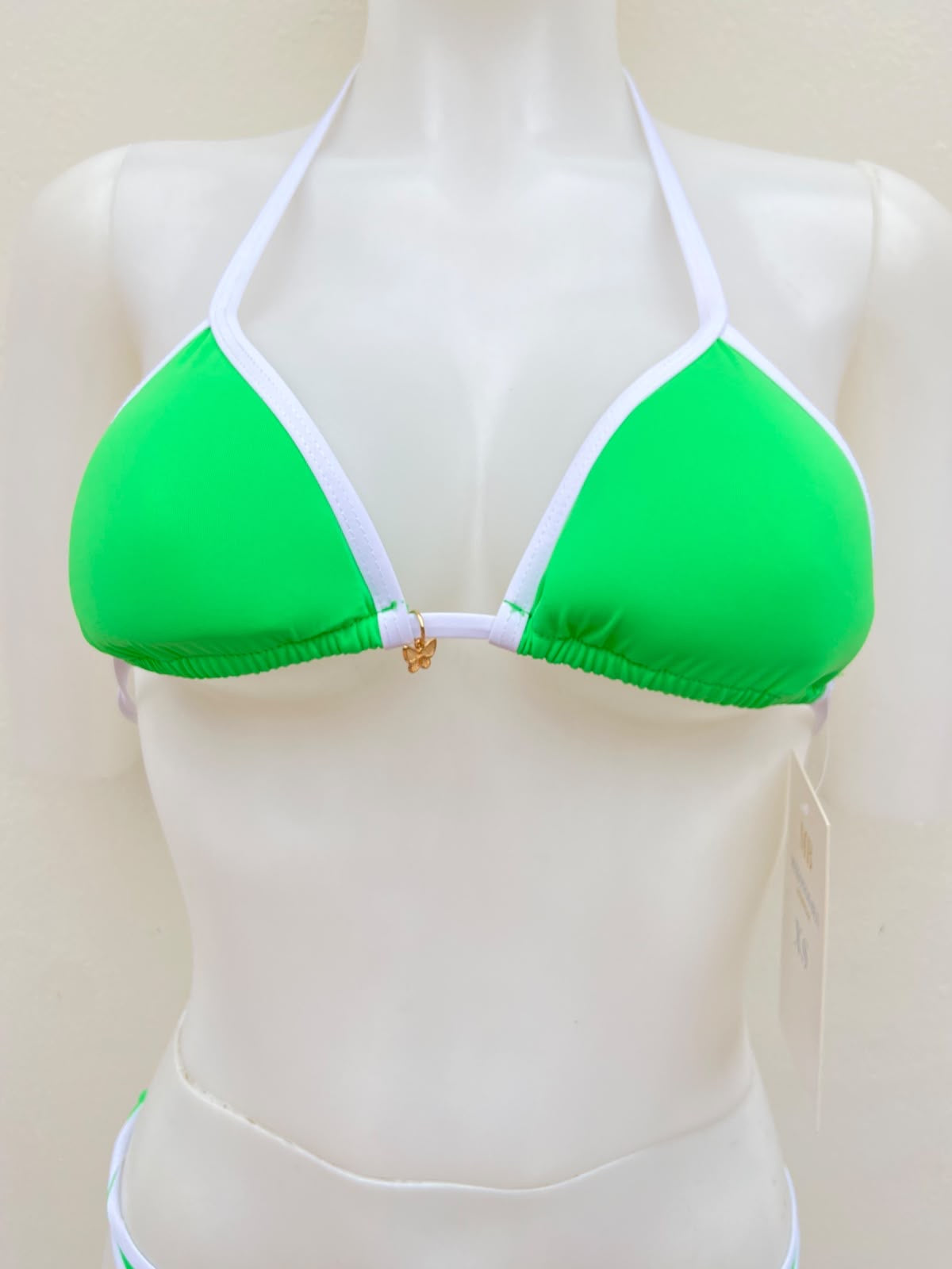 Biquini BM MYKONOS BLUE original, verde con con blanco y colgantes de mariposas.