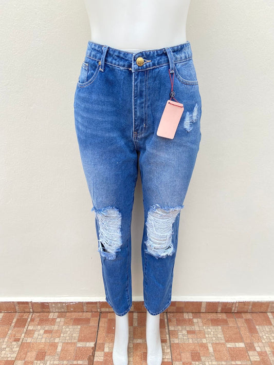 Pantalón Jean DENIM BLUD original, azul oscuro con rasgado, BOYFRIEND.