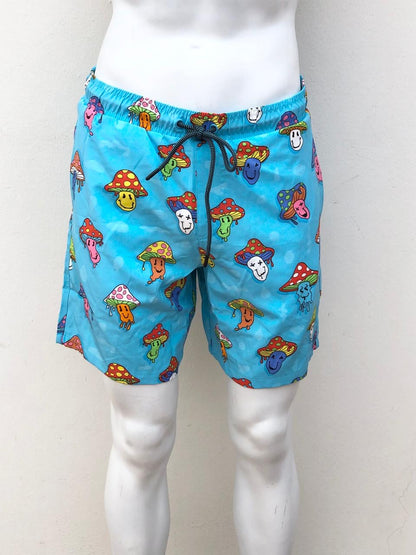 Bañador/Baggy, azul con estampado de hongos de colores.