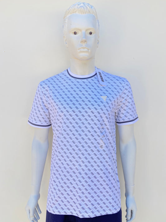 T-shirt GUESS original, blanco con estampado del logotipo de la marca en color negro y placa GUESS en blanco.