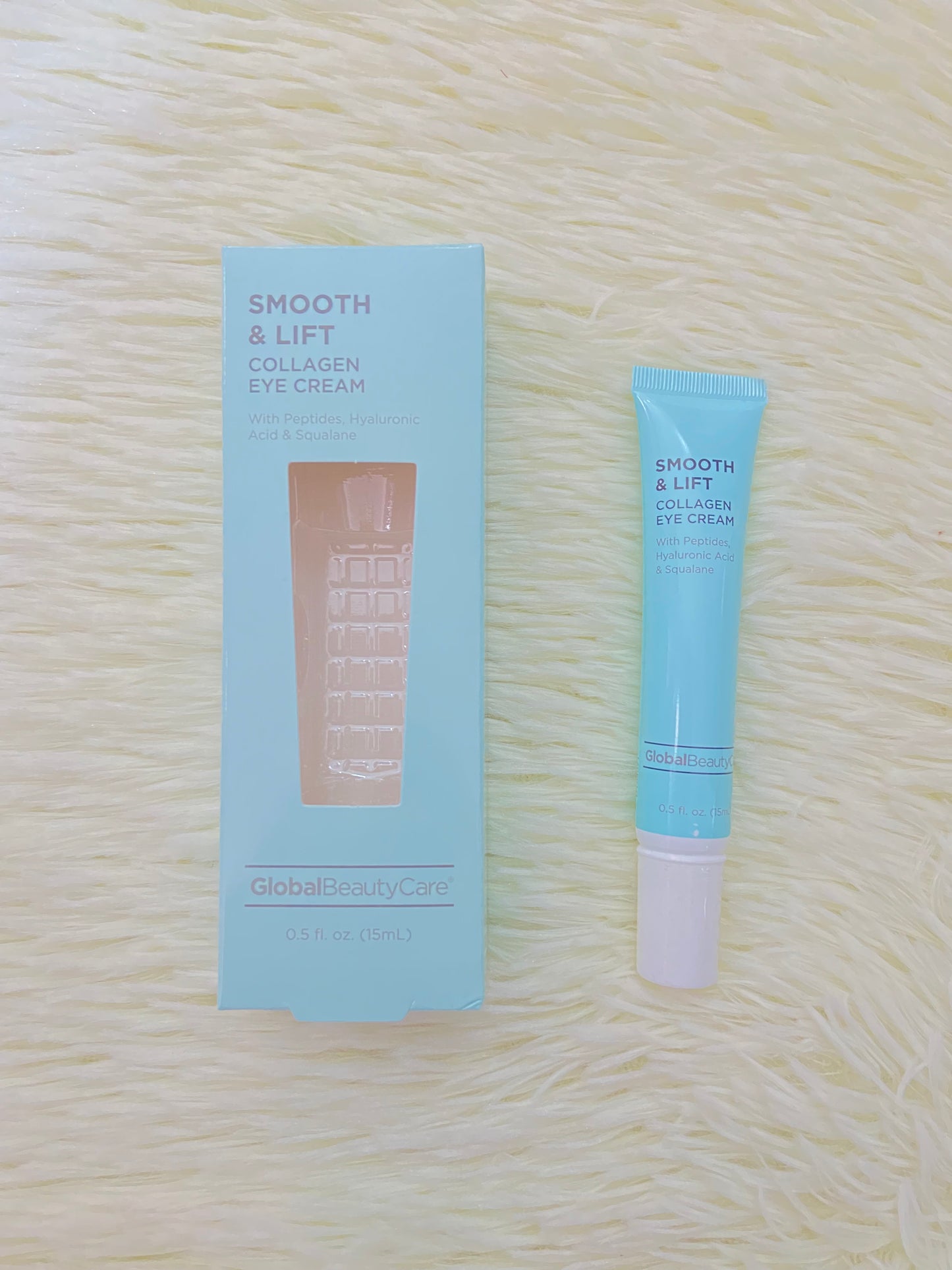 Crema para contornos de ojos GLOBAL BEAUTY CARE original, azul, con ácido hialurónico, escualano, péptidos y colágeno, sirve para las líneas de expresión y brindar una buena hidratación.
