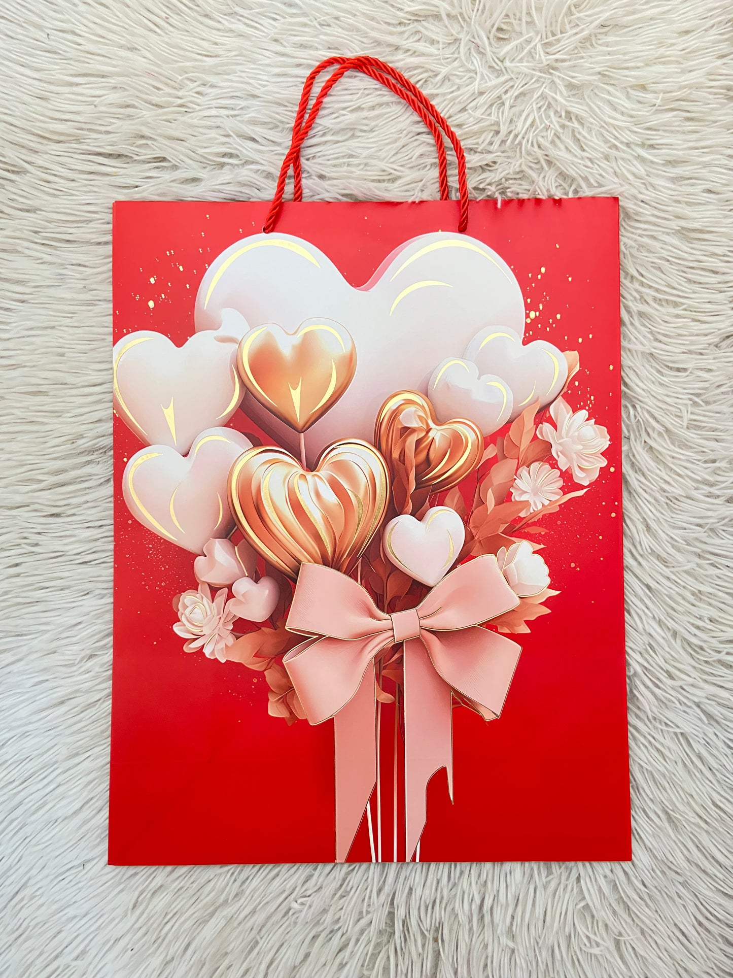 Shopping, rojo con estampado de corazones en rosa, GRANDE.