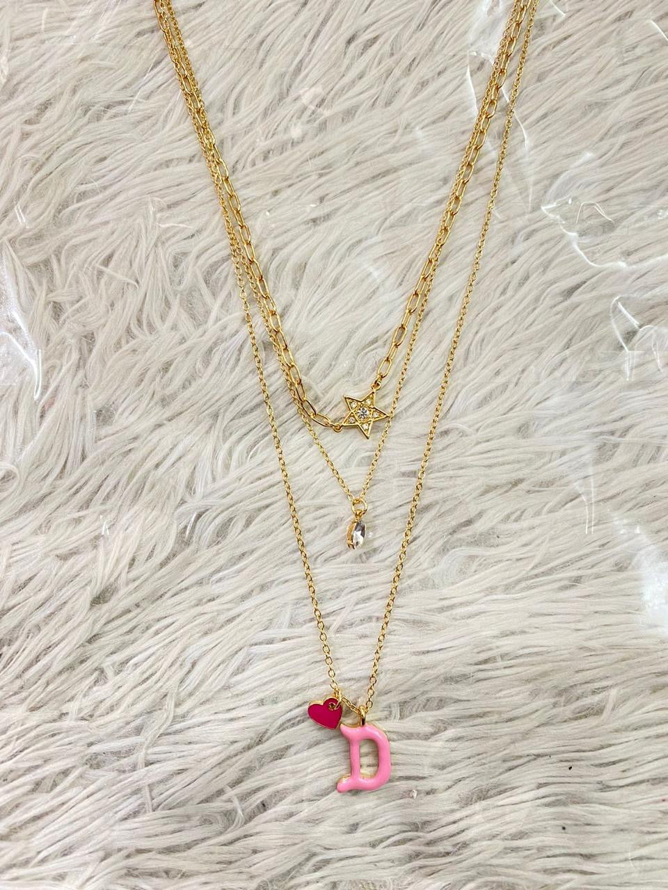 Cadena Forever 21 original, de 3 piezas, con la inicial de tu nombre en rosado, con estrella y corazón. Letras de I O C N T E D B y K disponibles