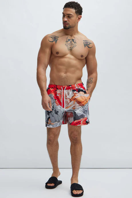 Bañador/Baggy, rojo con gris y estampado de animes.