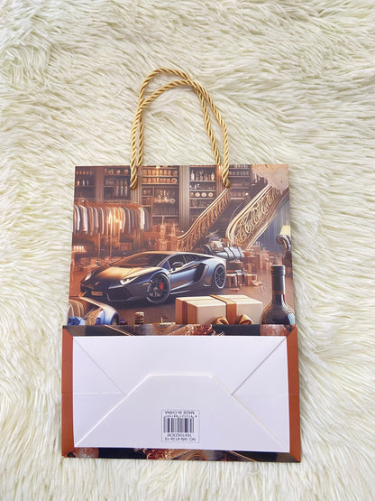 Shopping, marron con estampado de carro y botellas, PEQUEÑO.