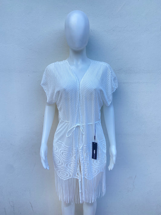 Vestido/Cover Up, blanco con lazos colgante y lazo ajustable.