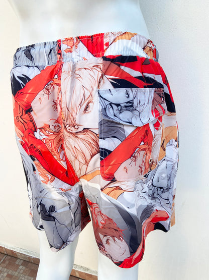 Bañador/Baggy, rojo con gris y estampado de animes.