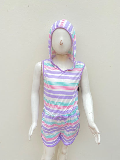 Enterizo GIRLS original, blanco con rayas morado lila y verde.