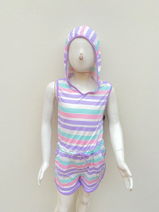 Enterizo GIRLS original, blanco con rayas morado lila y verde.