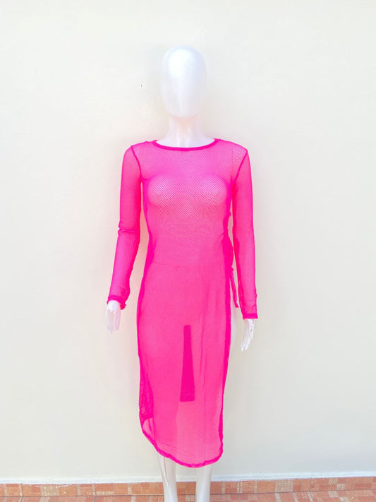 Vestido/ Cover up, rosado fucsia, y abierto en el  lateral, largo.