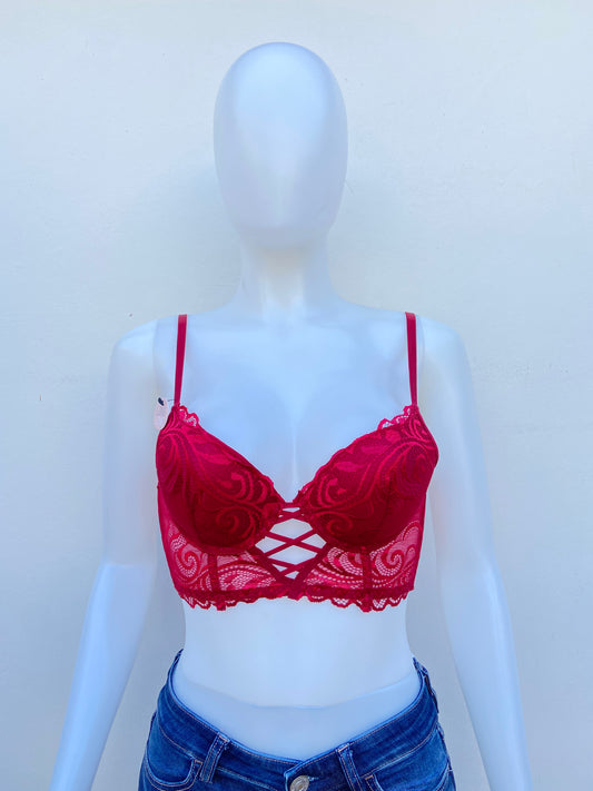 Bra Long Line original rojo, en encaje y abierto en frente.