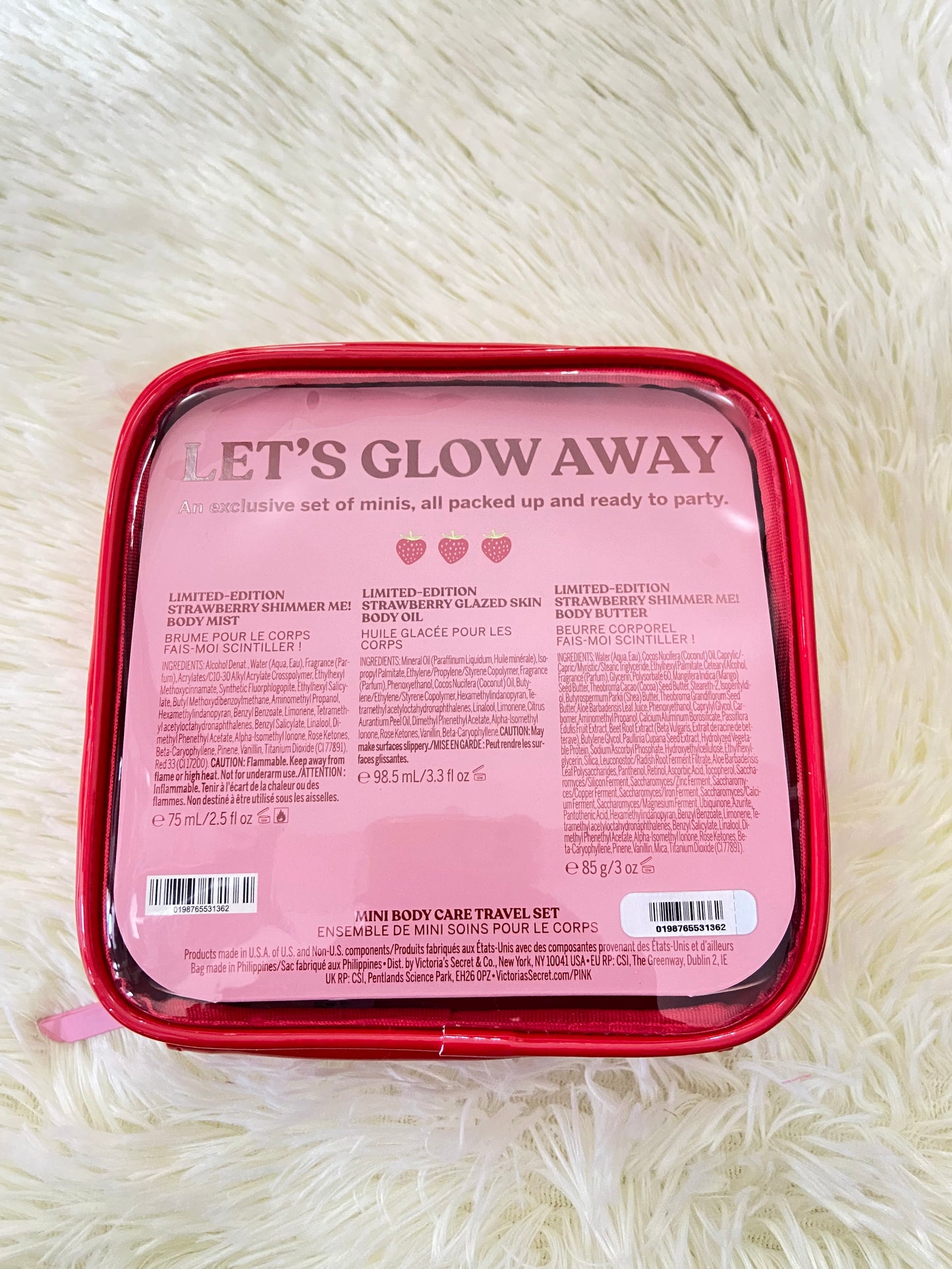 Pack PINK original, de colonia, aceite y crema minis, rojo, JUICY STRAWBERRY, con brillitos. Más el bolso