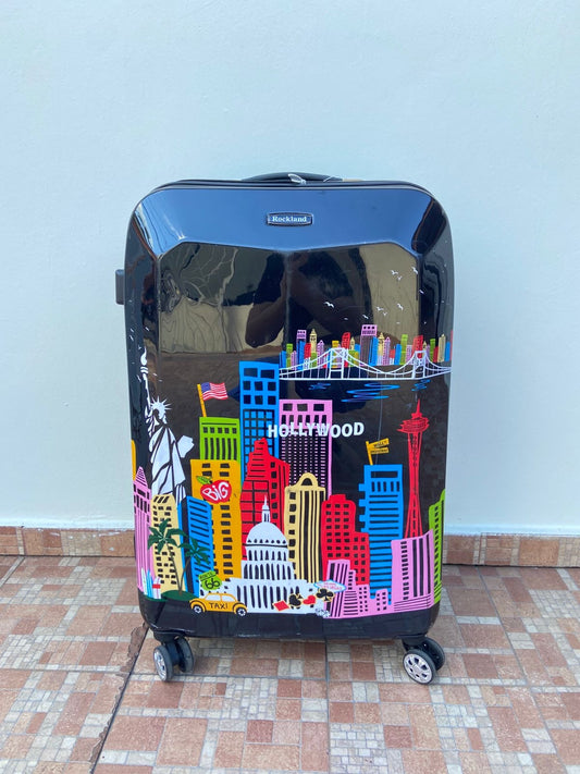 Maleta ROCKLAND original negra con estampado de la ciudad de HOLLYWOOD, GRANDE.