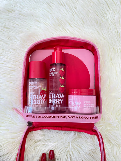 Pack PINK original, de colonia, aceite y crema minis, rojo, JUICY STRAWBERRY, con brillitos. Más el bolso