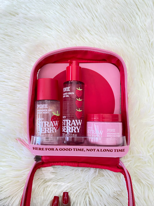 Pack PINK original, de colonia, aceite y crema minis, rojo, JUICY STRAWBERRY, con brillitos. Más el bolso
