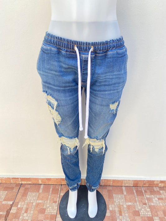 Pantalón jean Fashion nova original joggers color azul con varios rasgados
