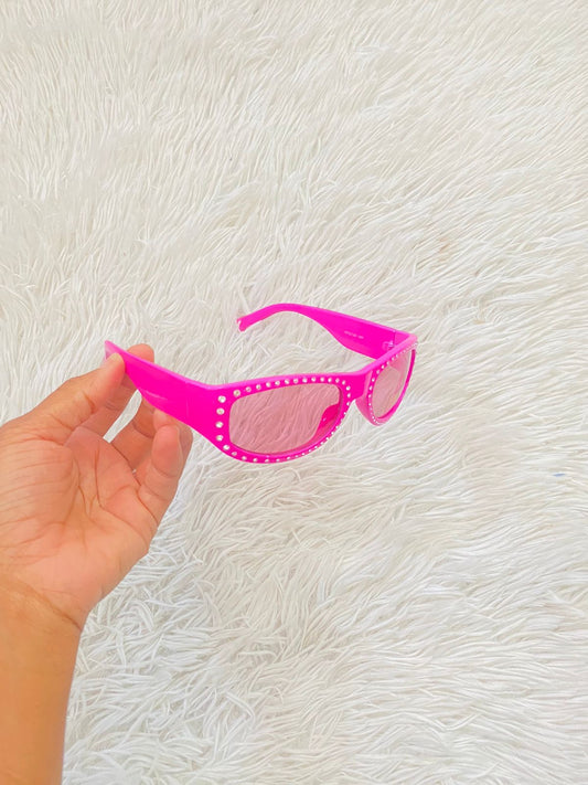 Lentes Fashion Nova original rosado con puntos plateados.