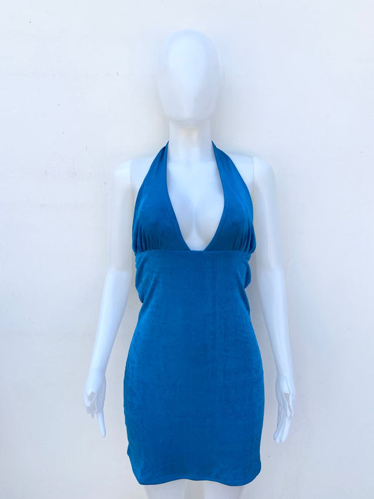Vestido Azul turquesa, con la espalda descubierta y estilo caido abajo
