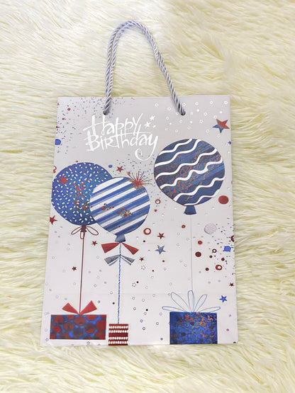 Shopping, blanco con estampado de globos y letras HAPPY BIRTHDAY en plateado, PEQUEÑO.