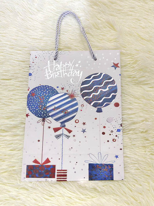 Shopping, blanco con estampado de globos y letras HAPPY BIRTHDAY en plateado, PEQUEÑO.
