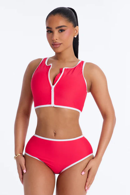 Biquini, rojo con bordes en color blanco y zipper en frente, 2 piezas.