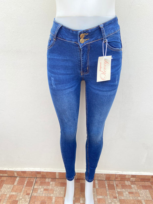 Pantalon Jean Olevey original, azul oscuro con dos botones en el frente.